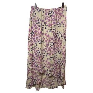 Sareet Vintage Floral High Low Skirt‎ Purple Cream Ruffle Hem Rayon Medium USA